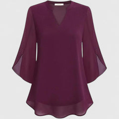 Women's V-Neck Chiffon Blouse – 3/4 Split Bell Sleeve Casual Tunic Top