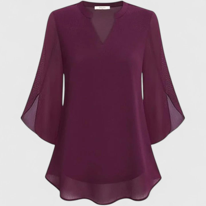Women's V-Neck Chiffon Blouse – 3/4 Split Bell Sleeve Casual Tunic Top