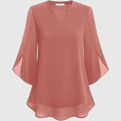 Women's V-Neck Chiffon Blouse – 3/4 Split Bell Sleeve Casual Tunic Top