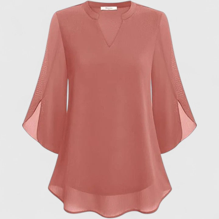 Women's V-Neck Chiffon Blouse – 3/4 Split Bell Sleeve Casual Tunic Top