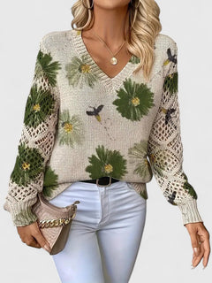 Aubrielynn | Women’s Floral Knit Sweater with V-Neck