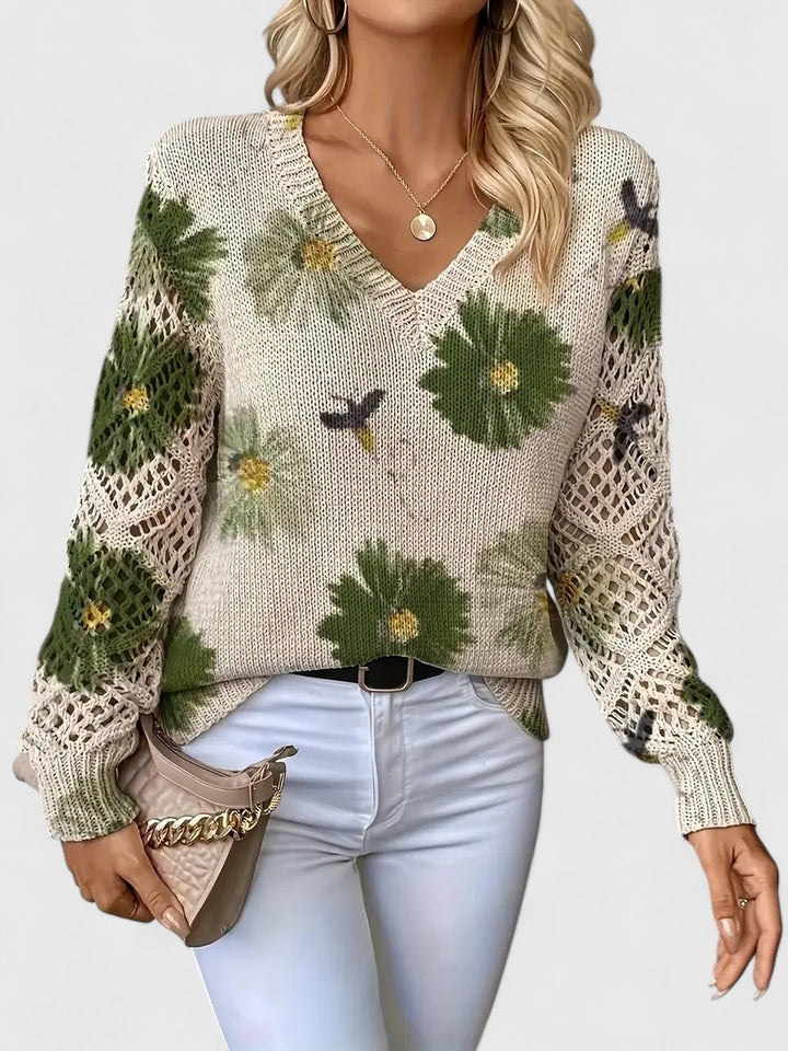 Aubrielynn | Women’s Floral Knit Sweater with V-Neck