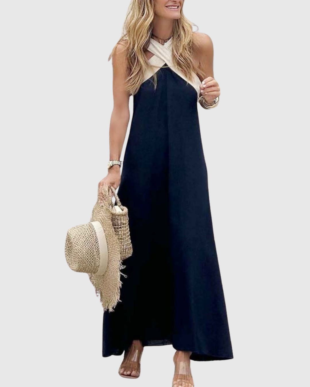 Women’s Cross-Neck Dress with Halter Accent