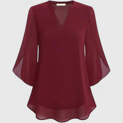 Women's V-Neck Chiffon Blouse – 3/4 Split Bell Sleeve Casual Tunic Top