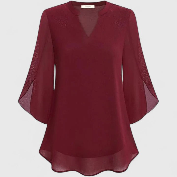 Women's V-Neck Chiffon Blouse – 3/4 Split Bell Sleeve Casual Tunic Top