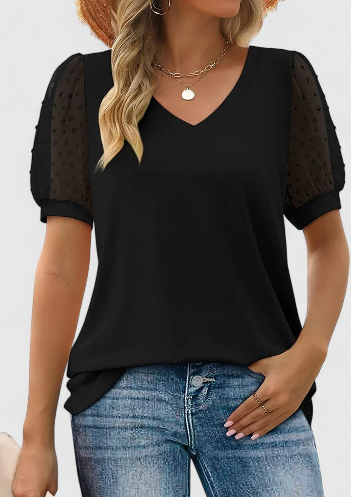 Women’s V-Neck Top with Sheer Sleeves