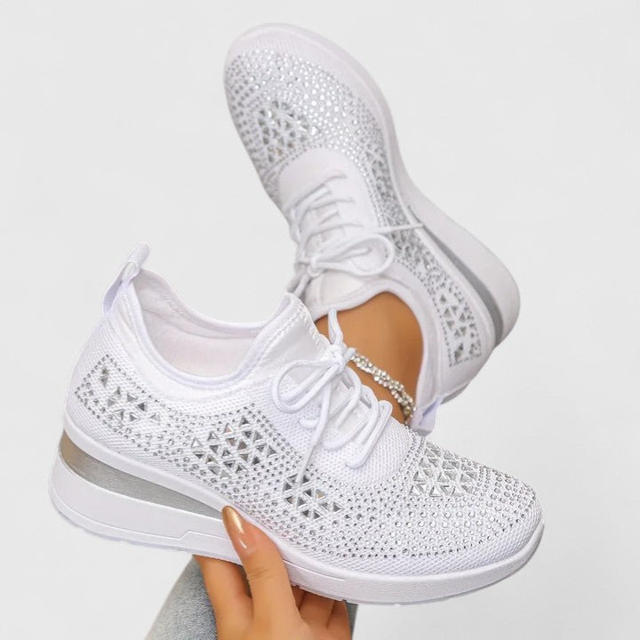 Women's Rhinestone Wedge Sneakers - Sparkly Bling Platform Walking Shoes