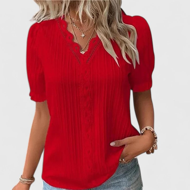 Women’s V-Neck Blouse with Hollow Short Sleeves