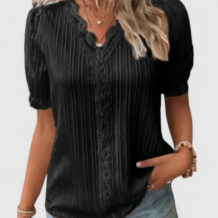 Women’s V-Neck Blouse with Hollow Short Sleeves
