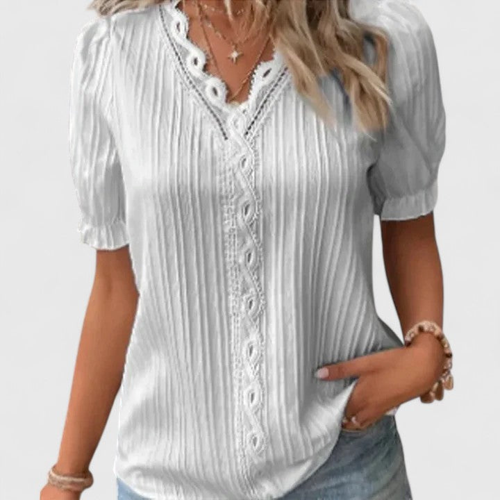 Women’s V-Neck Blouse with Hollow Short Sleeves