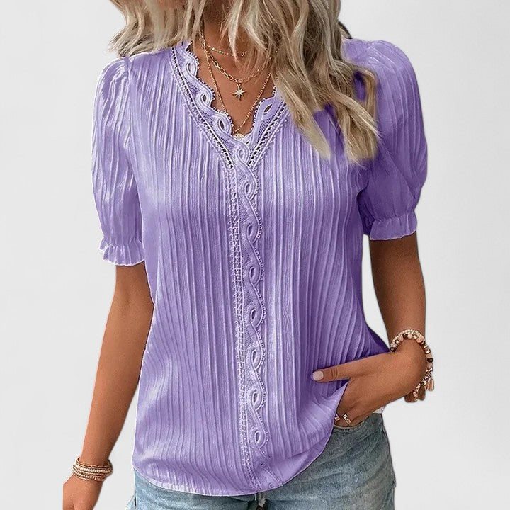 Women’s V-Neck Blouse with Hollow Short Sleeves