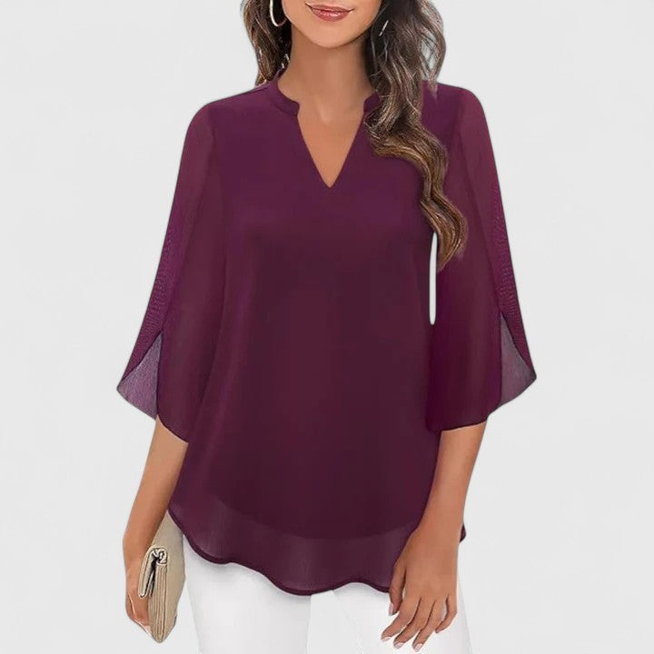 Women's V-Neck Chiffon Blouse – 3/4 Split Bell Sleeve Casual Tunic Top