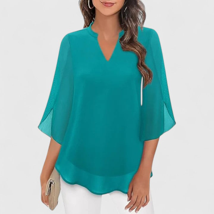 Women's V-Neck Chiffon Blouse – 3/4 Split Bell Sleeve Casual Tunic Top