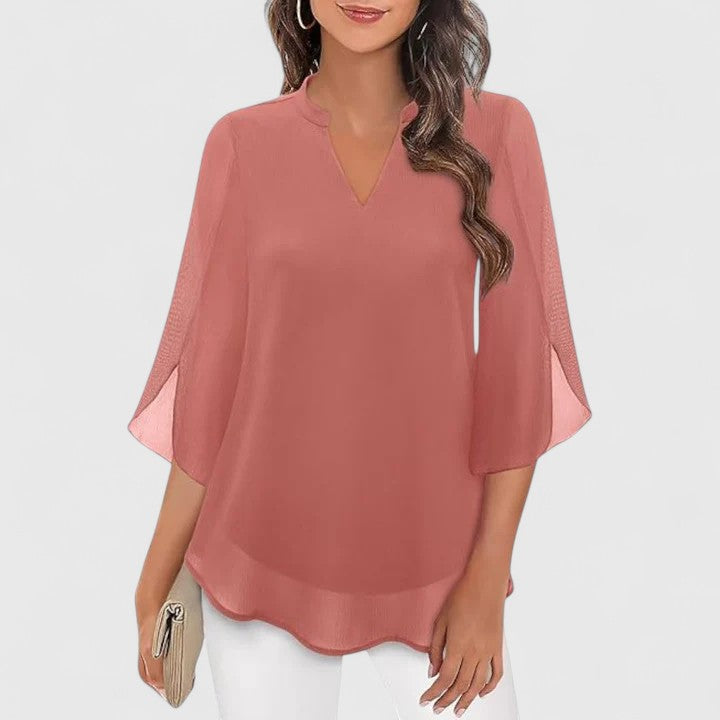 Women's V-Neck Chiffon Blouse – 3/4 Split Bell Sleeve Casual Tunic Top