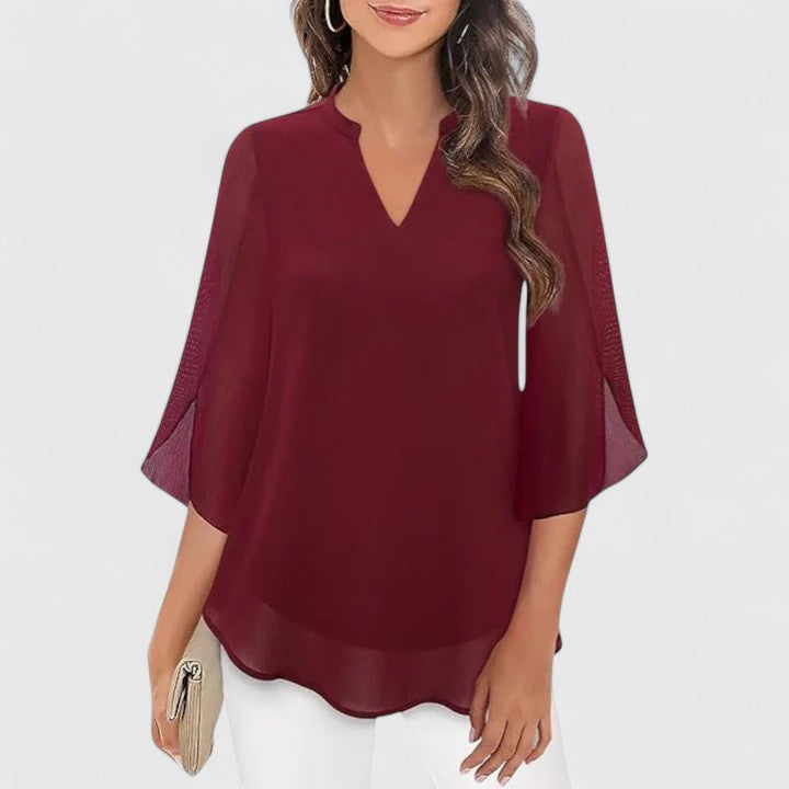 Women's V-Neck Chiffon Blouse – 3/4 Split Bell Sleeve Casual Tunic Top