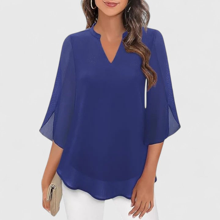 Women's V-Neck Chiffon Blouse – 3/4 Split Bell Sleeve Casual Tunic Top