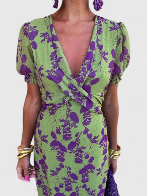 Women's V-Neck Floral Midi Dress – Short Puff Sleeve Twist-Front Cocktail Dress