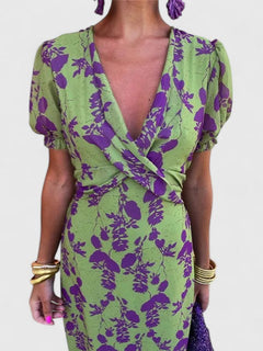 Women's V-Neck Floral Midi Dress – Short Puff Sleeve Twist-Front Cocktail Dress