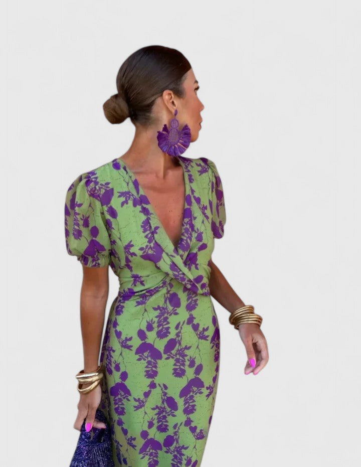 Women's V-Neck Floral Midi Dress – Short Puff Sleeve Twist-Front Cocktail Dress