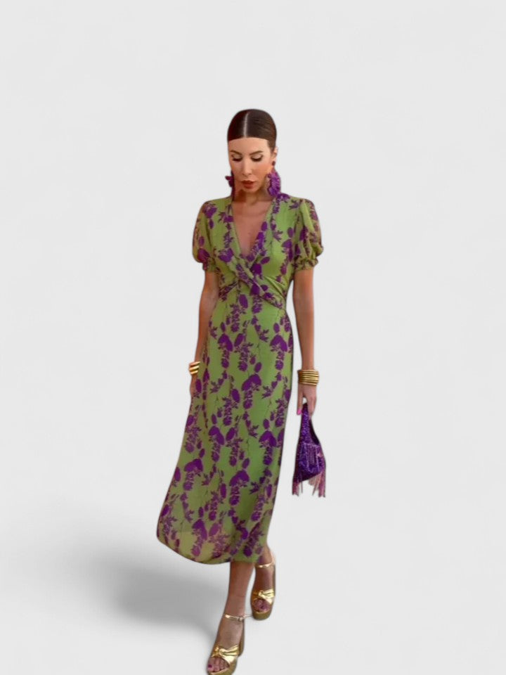 Women's V-Neck Floral Midi Dress – Short Puff Sleeve Twist-Front Cocktail Dress