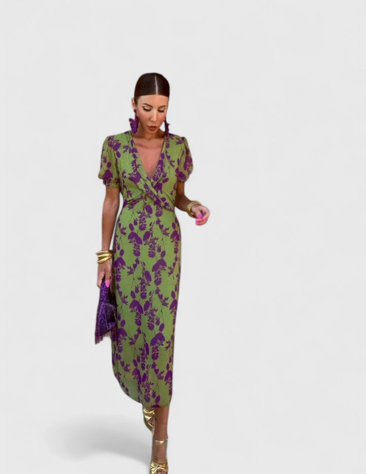 Women's V-Neck Floral Midi Dress – Short Puff Sleeve Twist-Front Cocktail Dress