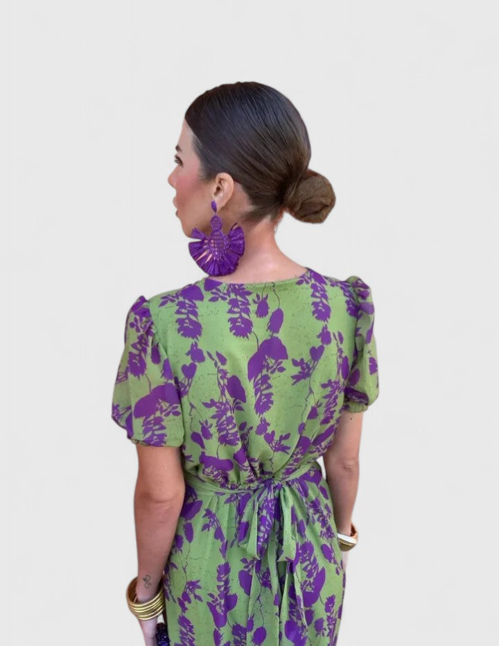 Women's V-Neck Floral Midi Dress – Short Puff Sleeve Twist-Front Cocktail Dress