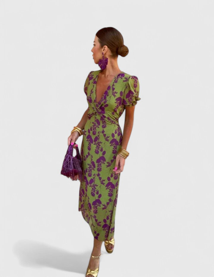 Women's V-Neck Floral Midi Dress – Short Puff Sleeve Twist-Front Cocktail Dress