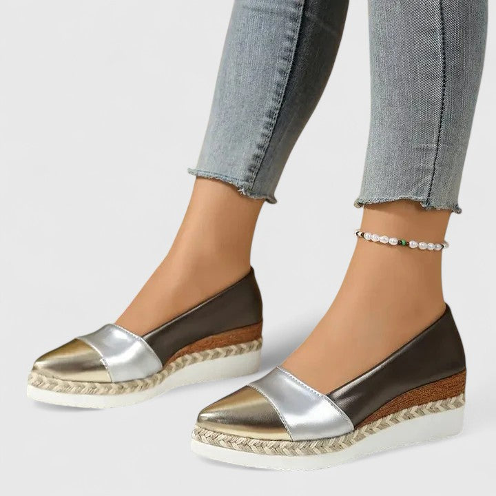 Womens Metallic Colorblock Wedge Flats – Pointed Toe Espadrille Slip-Ons