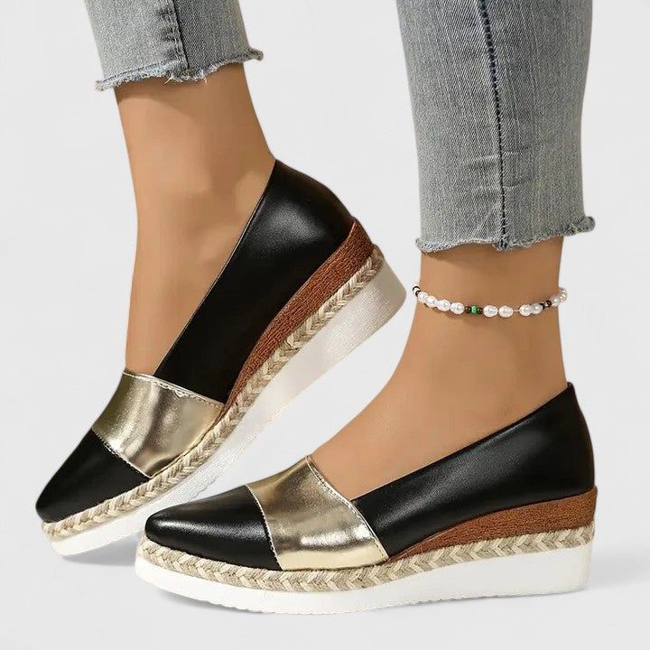 Womens Metallic Colorblock Wedge Flats – Pointed Toe Espadrille Slip-Ons