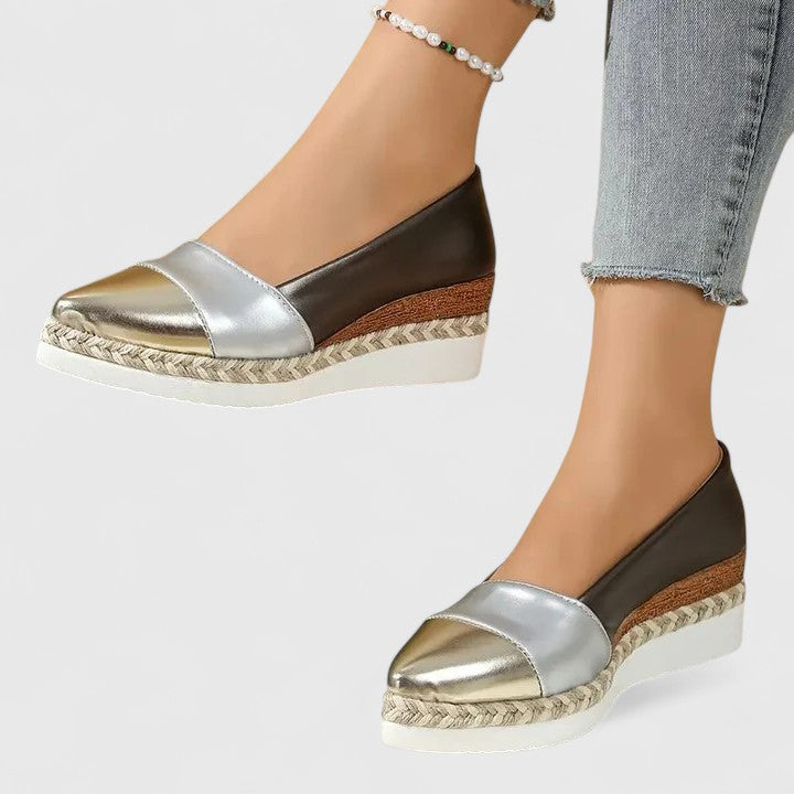 Womens Metallic Colorblock Wedge Flats – Pointed Toe Espadrille Slip-Ons