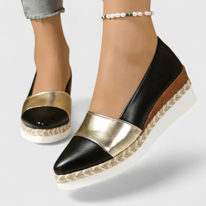 Womens Metallic Colorblock Wedge Flats – Pointed Toe Espadrille Slip-Ons
