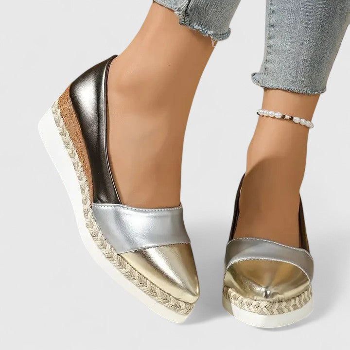 Womens Metallic Colorblock Wedge Flats – Pointed Toe Espadrille Slip-Ons
