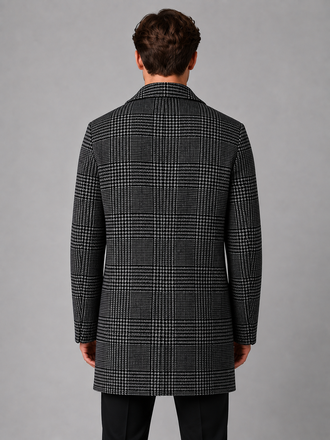 Men’s Checked Overcoat with Single Button Fastening