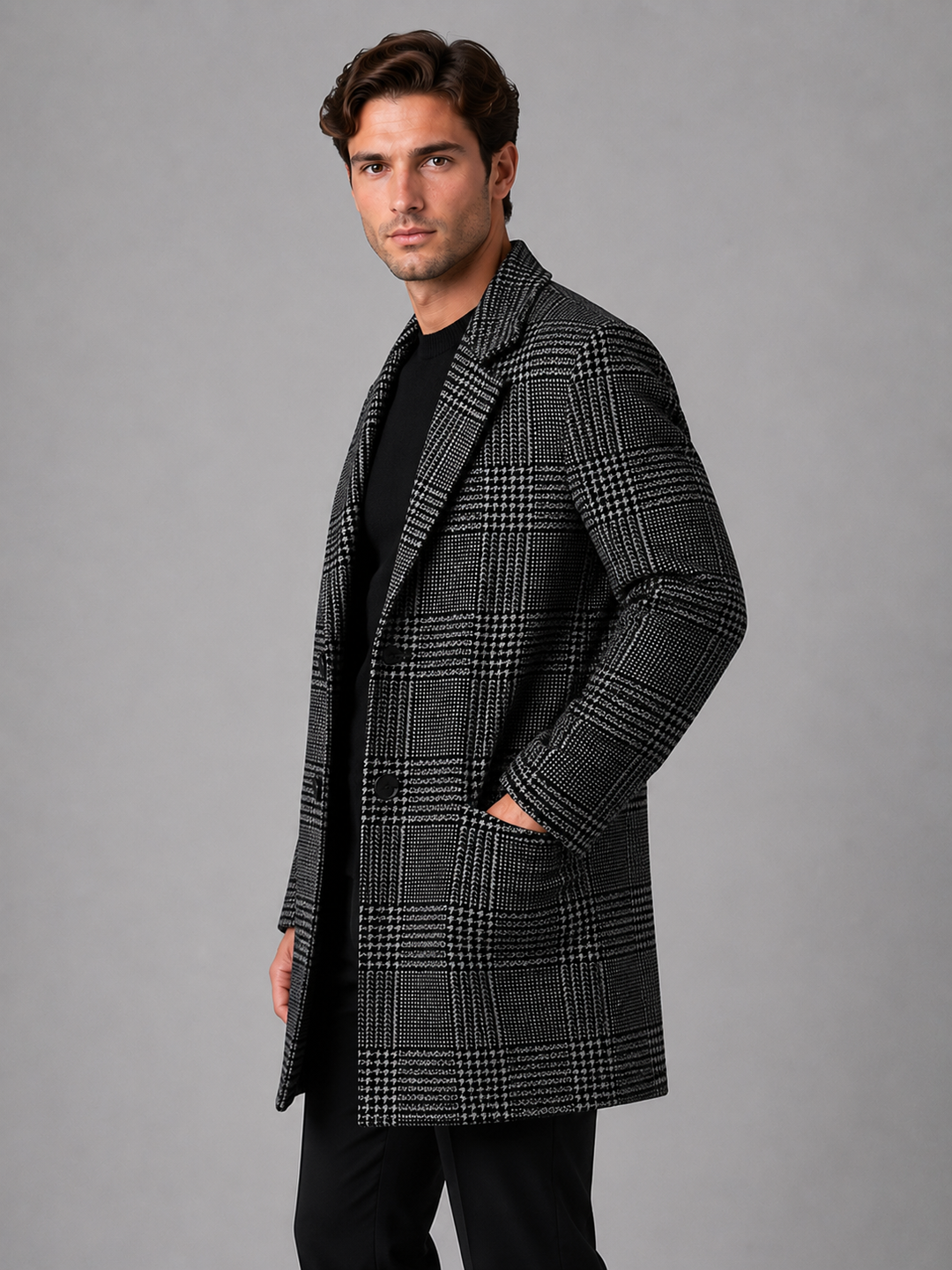 Men’s Checked Overcoat with Single Button Fastening