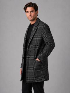 Men’s Checked Overcoat with Single Button Fastening