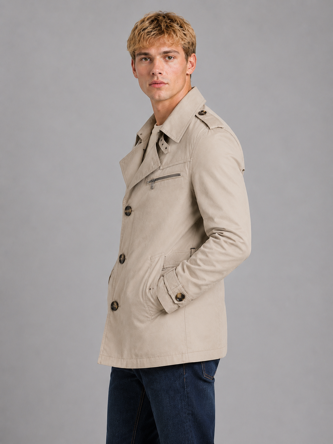 Men's Double Breasted Coat with Zip Pocket