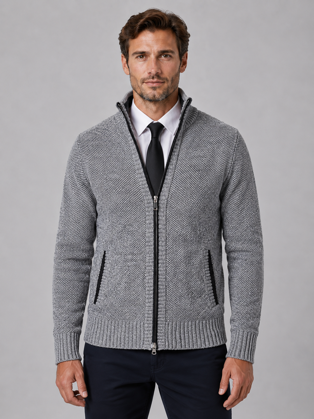 Men's Full Zip Cardigan with Funnel Neck