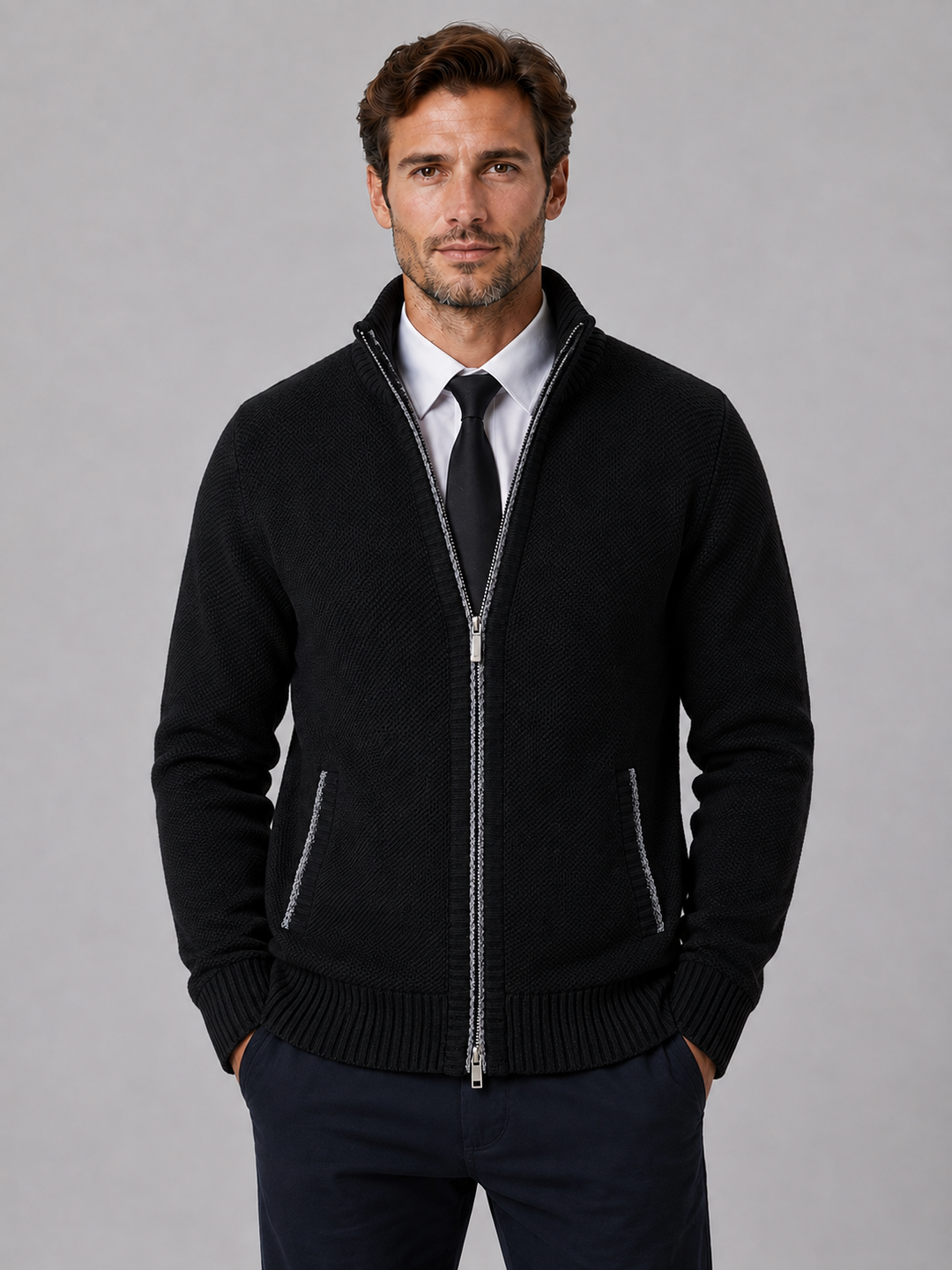 Men's Full Zip Cardigan with Funnel Neck