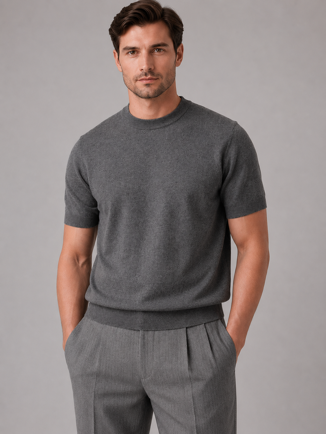 Men's Grey Knit Top with Crew Neck