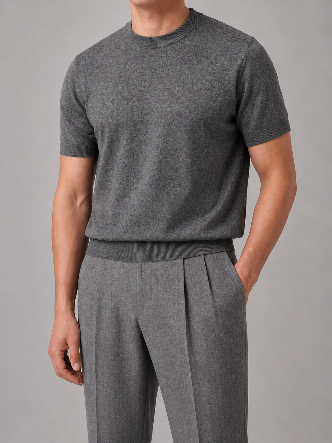 Men's Grey Knit Top with Crew Neck