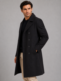 Men's Long Overcoat with Double Breasted Fastening