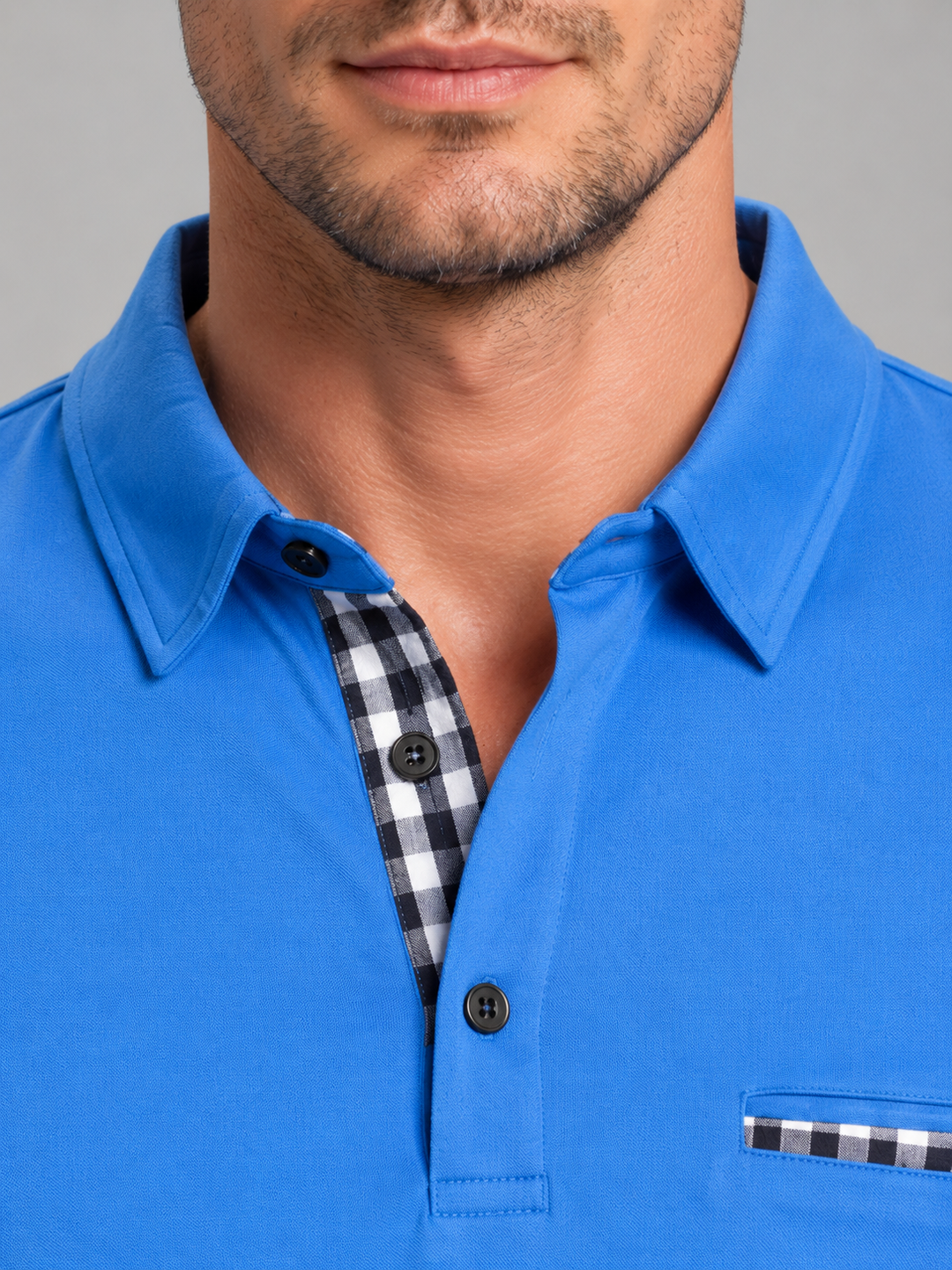 Men's Long Sleeve Polo with Gingham Trim
