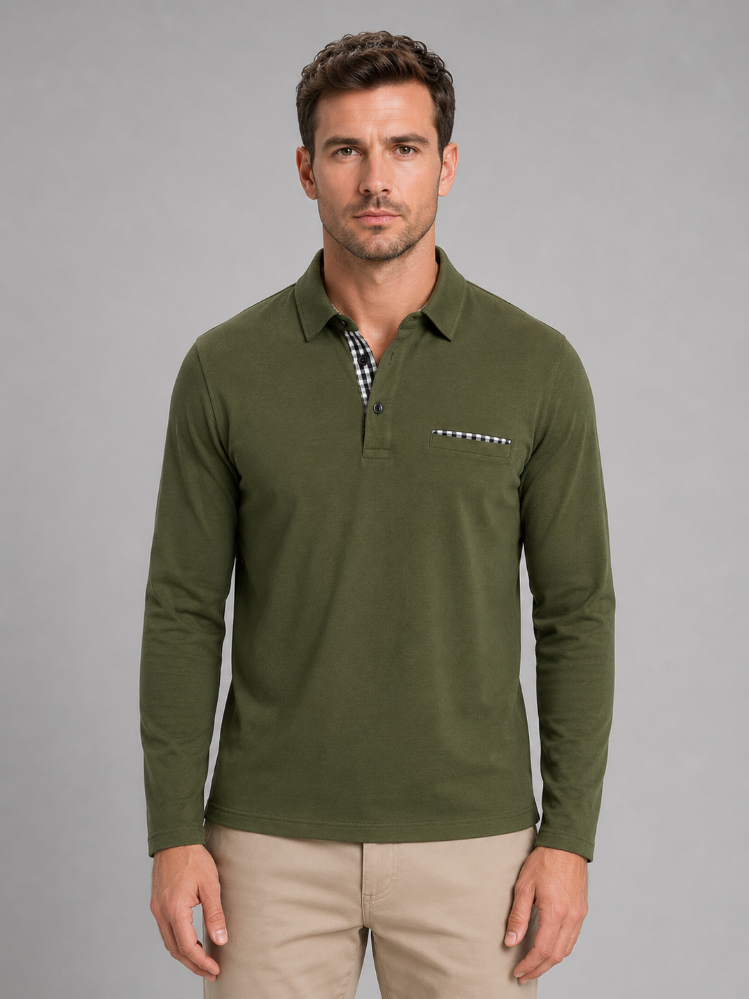 Men's Long Sleeve Polo with Gingham Trim