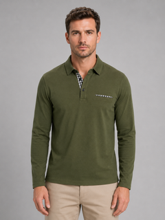 Men's Long Sleeve Polo with Gingham Trim