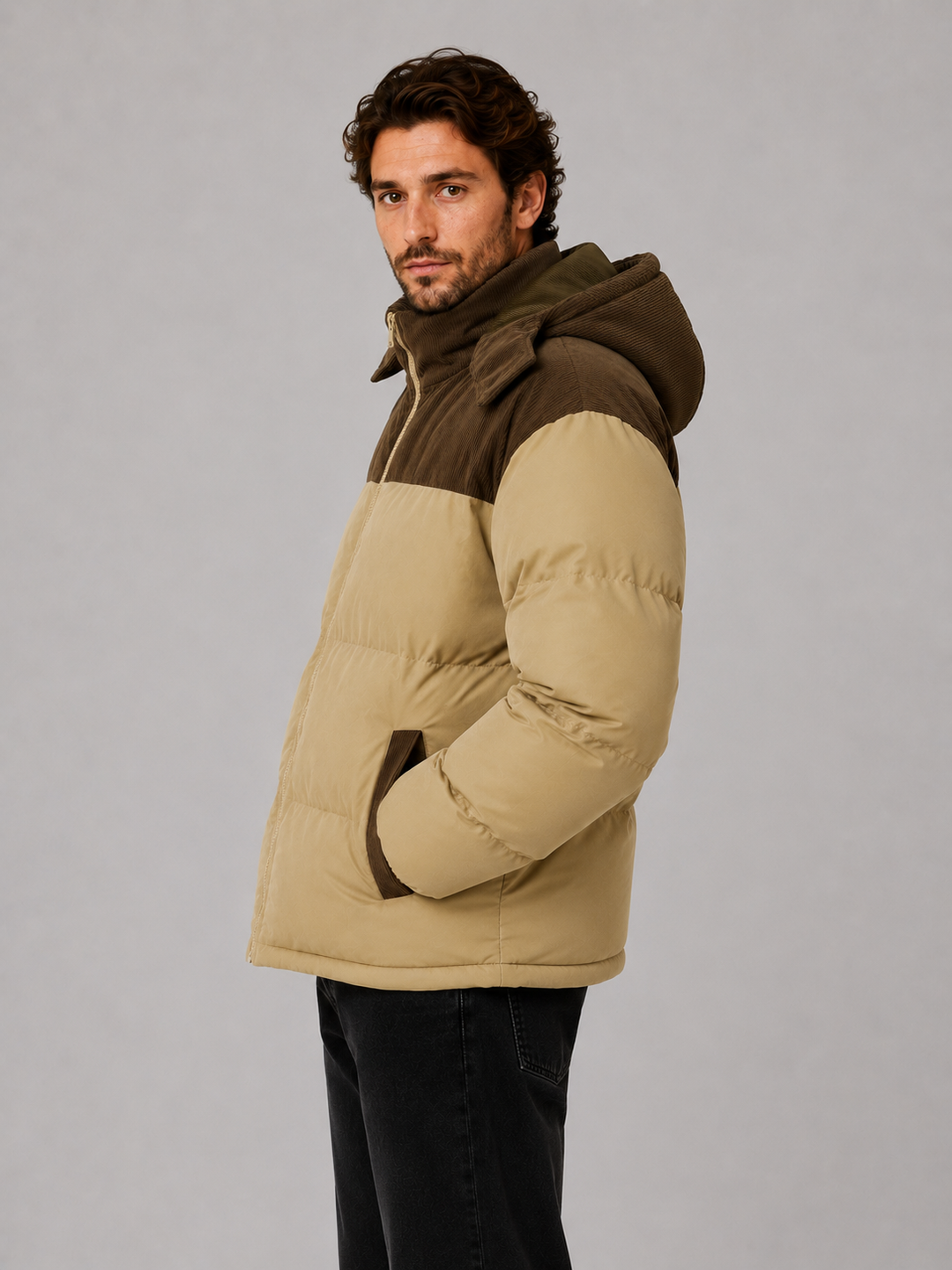 Men's Quilted Puffer Jacket with Ribbed Trim