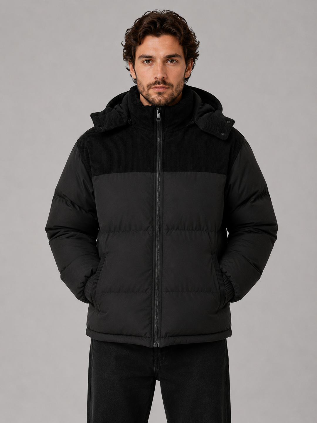 Men's Quilted Puffer Jacket with Ribbed Trim