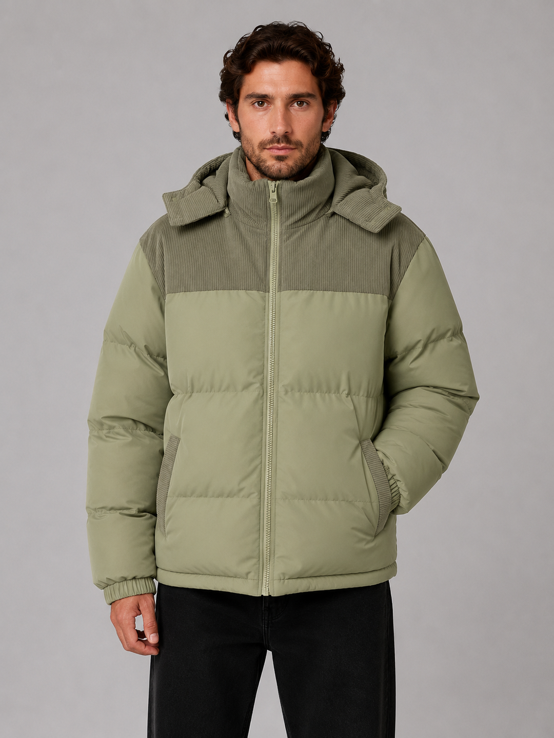 Men's Quilted Puffer Jacket with Ribbed Trim