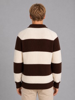 Men's Striped Polo Jumper with Three-Button Placket