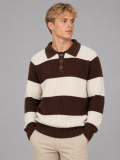 Men's Striped Polo Jumper with Three-Button Placket