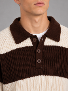 Men's Striped Polo Jumper with Three-Button Placket